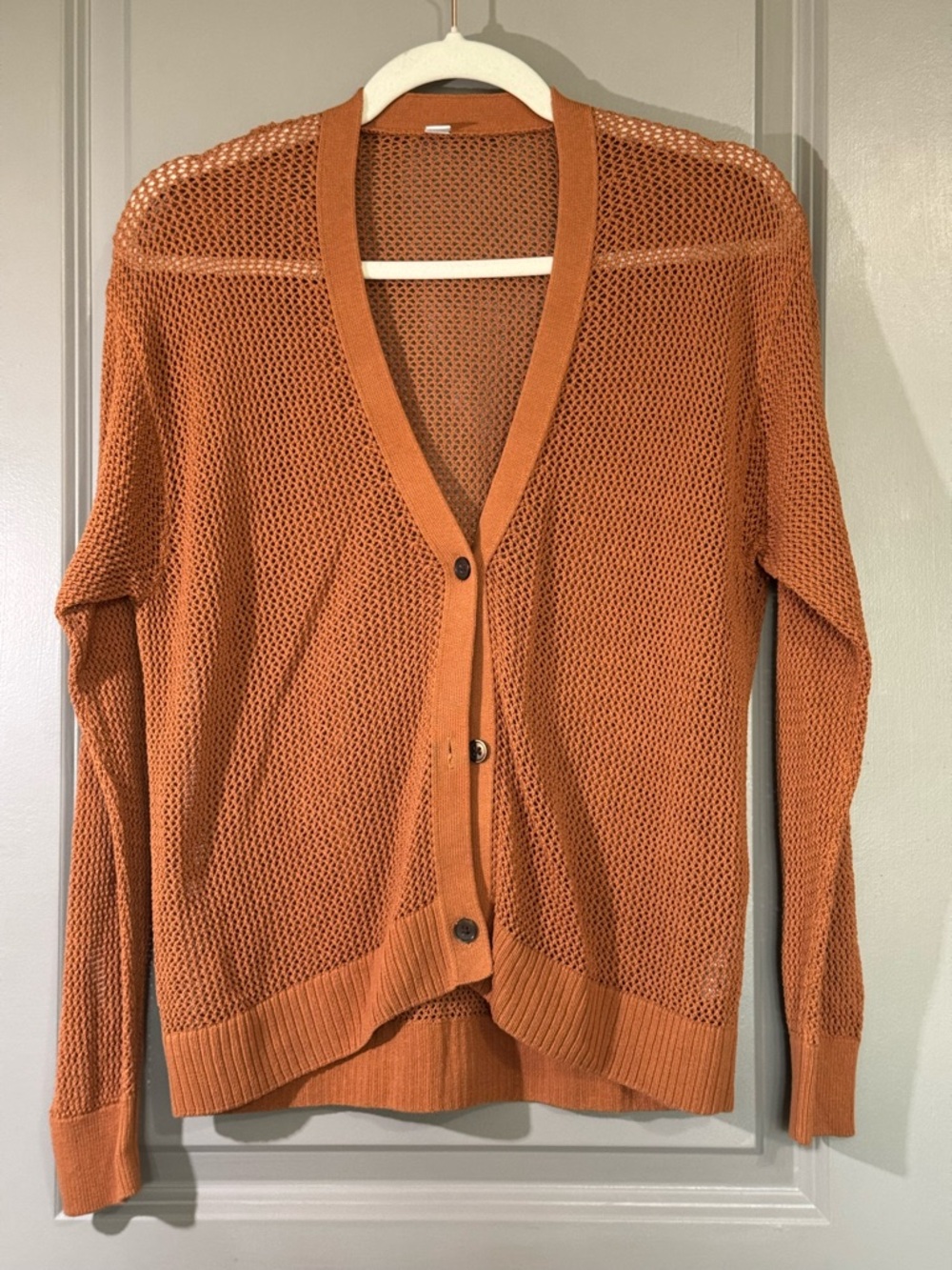 Uniqlo Open-Knit Rust Orange Button-Front Cardigan